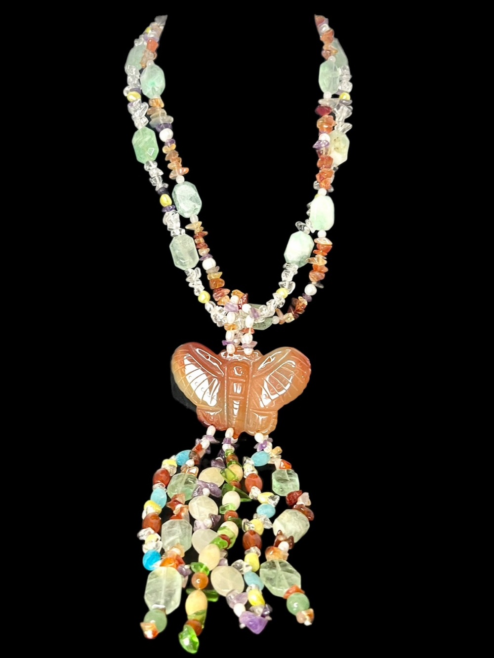 Carved Carnelian Butterfly Pendant with Assorted Genuine Gems Necklace